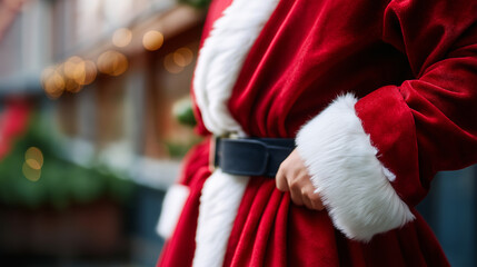 Close up of Santa suit details red fabric white fur trim black belt no face visible costume texture detail Christmas outfit holiday character clothing festive uniform San