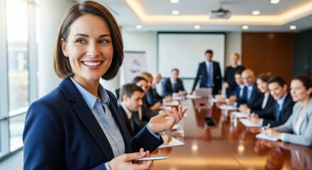 Confident businesswoman speaker giving a presentation at a corporate meeting. Successful female leader presenting in a conference room during a seminar. Business training concept.