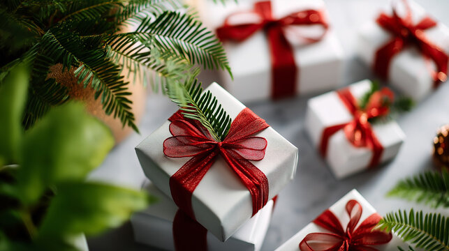 Overhead view of multiple gift boxes wrapped in white paper with red ribbons arranged no faces visible flatlay composition Christmas presents arrangement holiday gifts