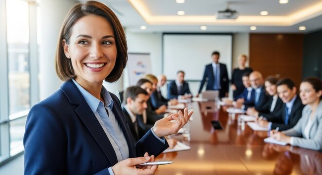 Confident businesswoman speaker giving a presentation at a corporate meeting. Successful female leader presenting in a conference room during a seminar. Business training concept.
