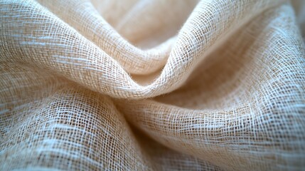 Light beige woven fabric with soft folds and natural texture. Minimalist close-up background with gentle color and textile detail