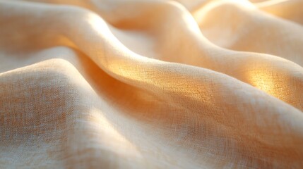 Warm beige linen fabric with sunlight reflections on folds. Soft texture background with natural material feel and elegant tone