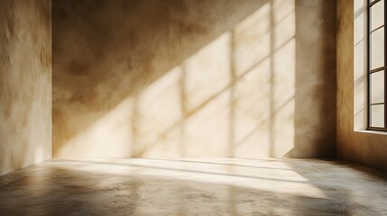 Warm neutral room with soft textured walls and sunlight patterns. Calm minimalist background  for artistic mockups, interior design or branding visuals