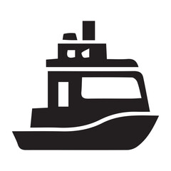 Vector Solid Black Boat or Ship Icon. Water Transport, Cruise, Travel, and Cargo Symbol for Logistics, Tourism, and Maritime Design.