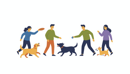 An outdoor pet playdate where multiple dogs are happily interacting and playing fetch with their owners.