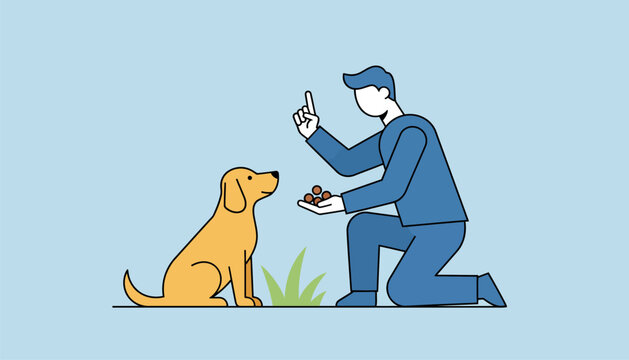 A pet owner training their dog outdoors using treats and hand signals to reinforce commands.