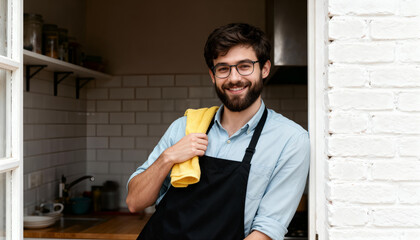 Bearded adult with glasses stands in a tiled home kitchen doorway, holding a yellow towel on his shoulder.