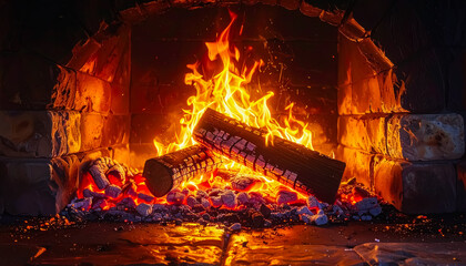 Burning Firewood in a Rustic Stone Fireplace with Glowing Embers and Cozy Atmosphere