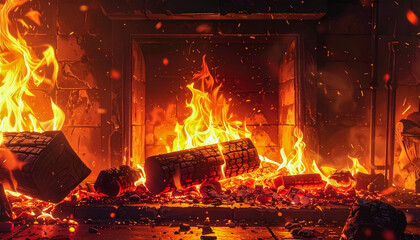 A Wide Fireplace Scene with Roaring Flames and Scattered Logs Creating a Warm and Inviting Interior