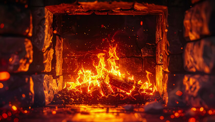 Close-Up View of a Fireplace with Intense Flames and Glowing Logs for a Warm Winter Mood