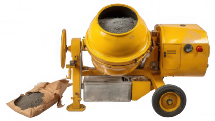 Yellow cement mixer isolated on transparent background, used for mixing materials