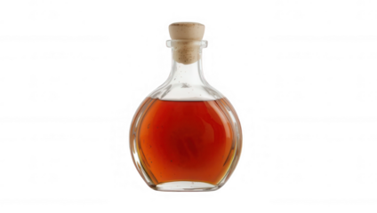 Glass bottle of amber liquid isolated on transparent background, corked and sealed