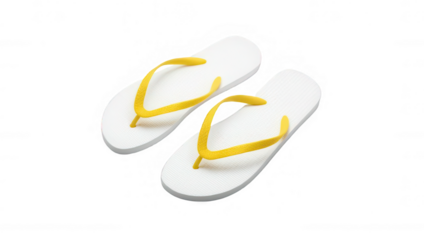 Pair of white flip flops with yellow straps isolated on transparent background, summer