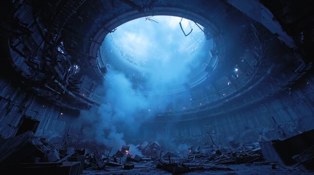 A destroyed reactor core glowing with unstable blue energy, surrounded by thick smoke, falling ash, twisted metal, and burning debris in a dark, chaotic nuclear ruin.
