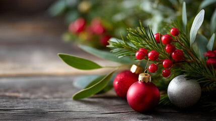 Obraz premium Close up of evergreen branches with holiday ornaments and berries no people visible festive foliage detail Christmas greenery natural decoration winter plants seasonal