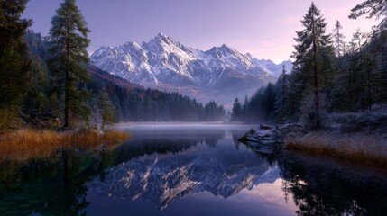 Serene mountain lake reflects snow-capped peaks and misty forest at sunrise, serene nature panorama