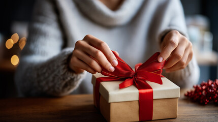 Close up of hands unwrapping Christmas present with ribbon face completely obscured gift opening moment unwrapping action holiday surprise present reveal festive excitement