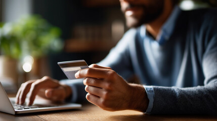 Close up of hands holding credit card for online purchase face completely obscured payment method online transaction digital shopping e commerce payment secure purchase