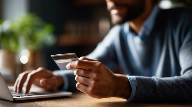 Close up of hands holding credit card for online purchase face completely obscured payment method online transaction digital shopping e commerce payment secure purchase