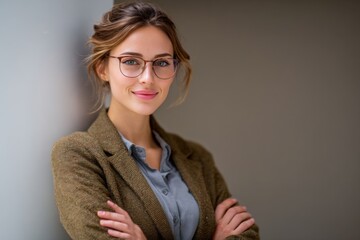 Confident Businesswoman with Glasses Wearing Blazer, Smiling and Posing with Arms Crossed