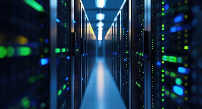 Modern IT data center with glowing server racks in a dark corridor, ideal for technology presentations, cloud computing visuals, and digital infrastructure designs