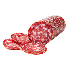 A traditional dry cured sausage with a few thin slices arranged in front of it on a , isolated on transparent background, perfect cutout, PNG