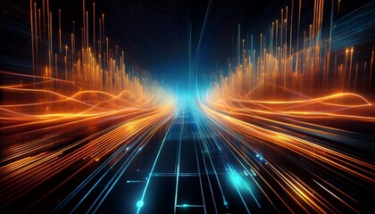 futuristic digital interface with glowing orange and blue data streams