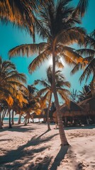 Fototapeta premium Serene Beach with Palm Trees and Stunning Sunset Over Ocean