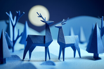 Paper Art Reindeer in Winter Forest – Minimal Blue Origami Scene