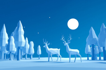 Blue Paper Art Winter Scene with Deer – Modern Holiday Illustration