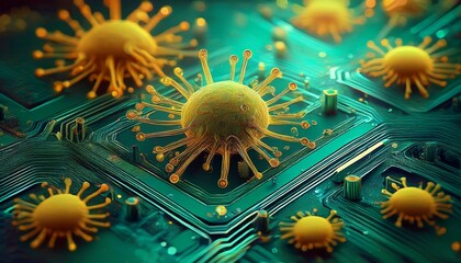 microscopic virus particles on circuit board teal green yellow digital rendering