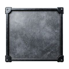 Obraz premium A weathered square metal plate with a dark reinforced frame and corner guards isolated on a , isolated on transparent background, perfect cutout, PNG