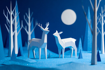 Low-Poly Paper Deer Under Full Moon – Artistic Winter Landscape
