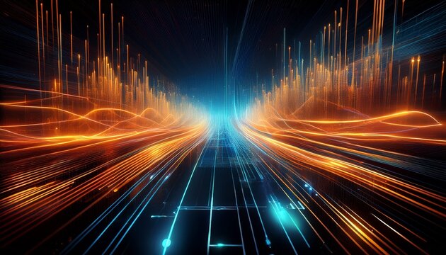 futuristic digital interface with glowing orange and blue data streams