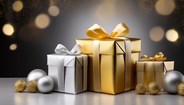 trois paquets cadeaux argentes et dores sur fond transparent