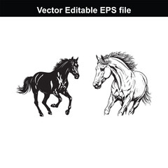 Obraz premium Two black and white vector illustrations of horses running