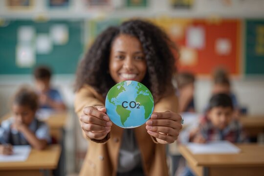 A teacher holds up a globe with CO2 written on it, educating students about carbon dioxide emissions.