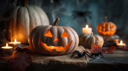 Halloween pumpkin display with candles and autumn decorations set in a cozy indoor setting