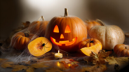Brightly lit jack-o'-lanterns and pumpkins create a festive Halloween atmosphere with autumn leaves and candles