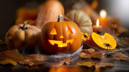 Festive Halloween display with carved pumpkin, gourds, candles, and spider decorations on a table