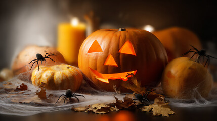 Halloween pumpkin display with candles and spider decorations on a dark background