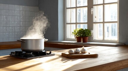 Cooking pot on a gas stove emits steam in a bright kitchen, with wooden countertop, fresh herbs in pots, and garlic cloves on a cutting board, creating a warm and inviting culinary atmosphere