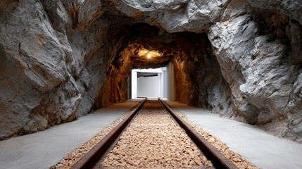 Underground tunnel with rocky walls and railway tracks leading towards a bright opening, showcasing the contrast between natural stone and artificial light in a mysterious environment