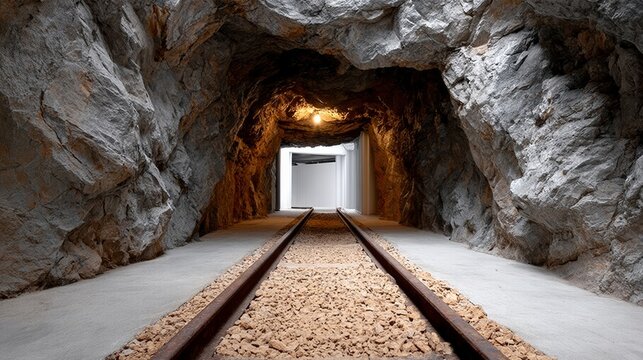 Underground tunnel with rocky walls and railway tracks leading towards a bright opening, showcasing the contrast between natural stone and artificial light in a mysterious environment