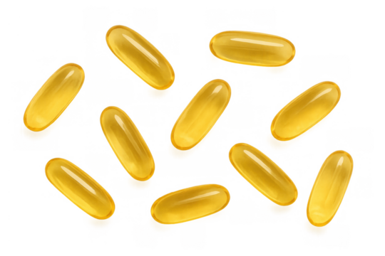 Omega 3 fish oil capsules floating on transparent background symbolizing health and wellness