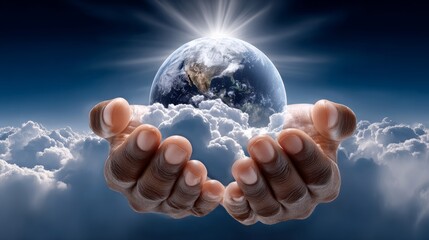 Hands of an african american person gently cradling the Earth, surrounded by fluffy clouds and radiant light, symbolizing care for the planet and environmental stewardship in a cosmic setting