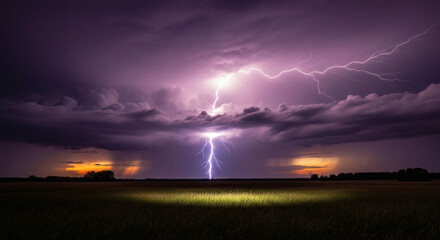 Lightning strikes over a field during a stormy night with dark clouds