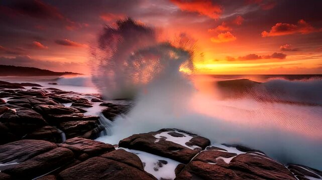 Dramatic sunset over rocky shoreline with crashing waves and vibrant clouds - Powered by Adobe