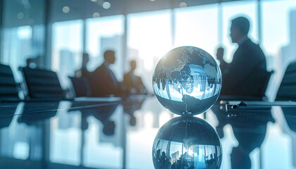 Global Business Meeting: The image showcases a glass globe reflecting the blurred figures of business people engaged in a meeting, symbolizing global collaboration and international trade.