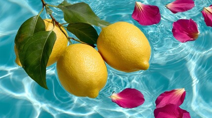 Fresh lemons with vibrant yellow color floating in clear turquoise water, surrounded by delicate pink rose petals, creating a refreshing and inviting summer ambiance for culinary or wellness themes